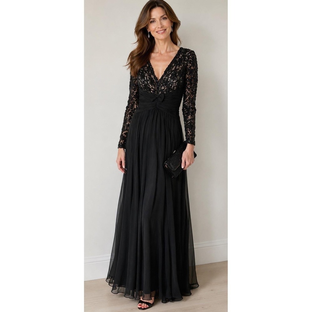Vintage 80s Victoria Royal Black Sequin Beaded Ball Gown Formal Dress Size 10